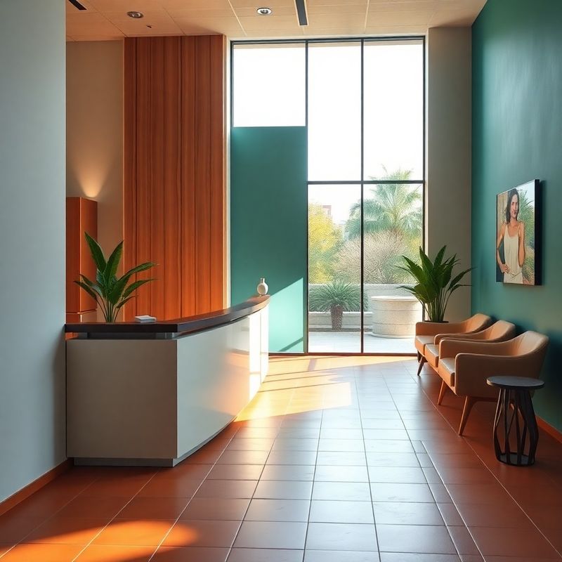 Recepción de oficina moderna con acento teal y luz mediterránea